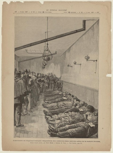 Exposition des morts de l’incendie le 5 juin 1887, gravure d’Émile Tilly