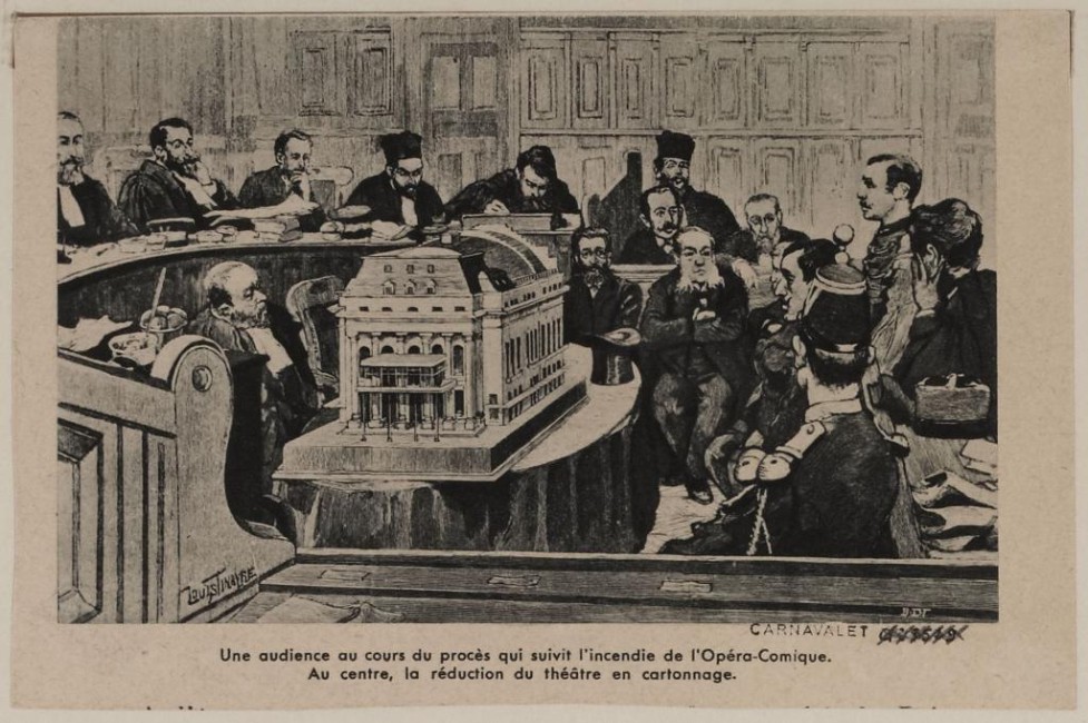Le procès suite à l’incendie de l’Opéra Comique, avec la maquette de la salle Favart au centre des discussions, gravure anonyme