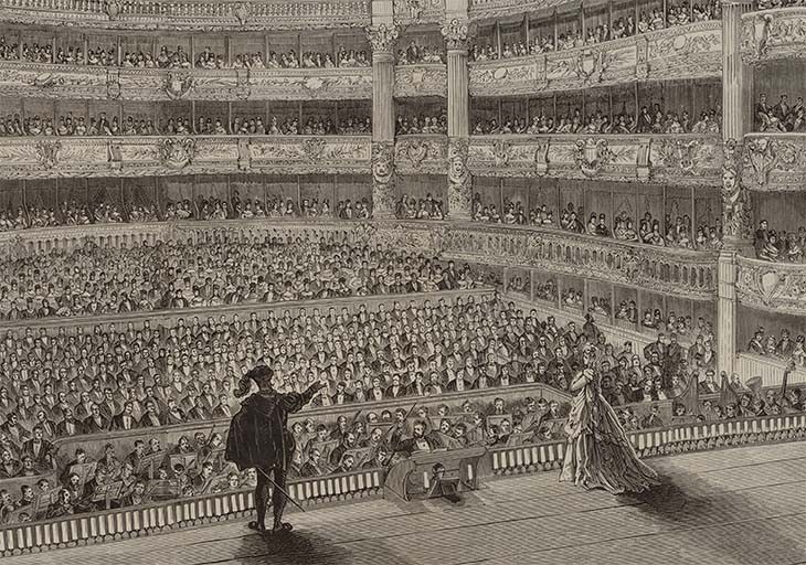 Inauguration du Nouvel Opéra (Opéra Garnier) en 1875, la salle vue de la scène, par Scott. Paris Musées