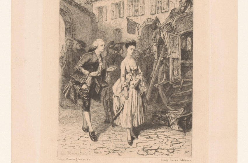 Rencontre de Manon et du Chevalier des Grieux, Léopold Flameng, 1875, Rijksmuseum, Amsterdam