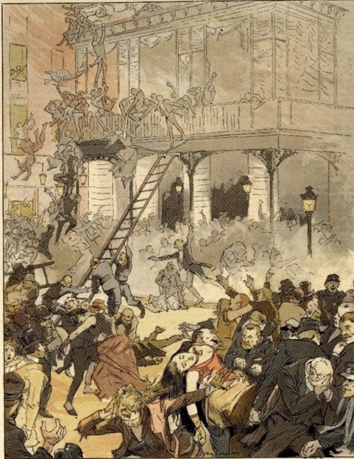 L’incendie de l’Opéra-Comique, Eugène Courboin, 1887, Bibliothèque nationale de France, Collection Opéra-Comique