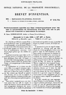 Brevet d’invention du synchronisme de Grimoin-Sanson, 1920 © Le Film de ma vie, Paris, 1926