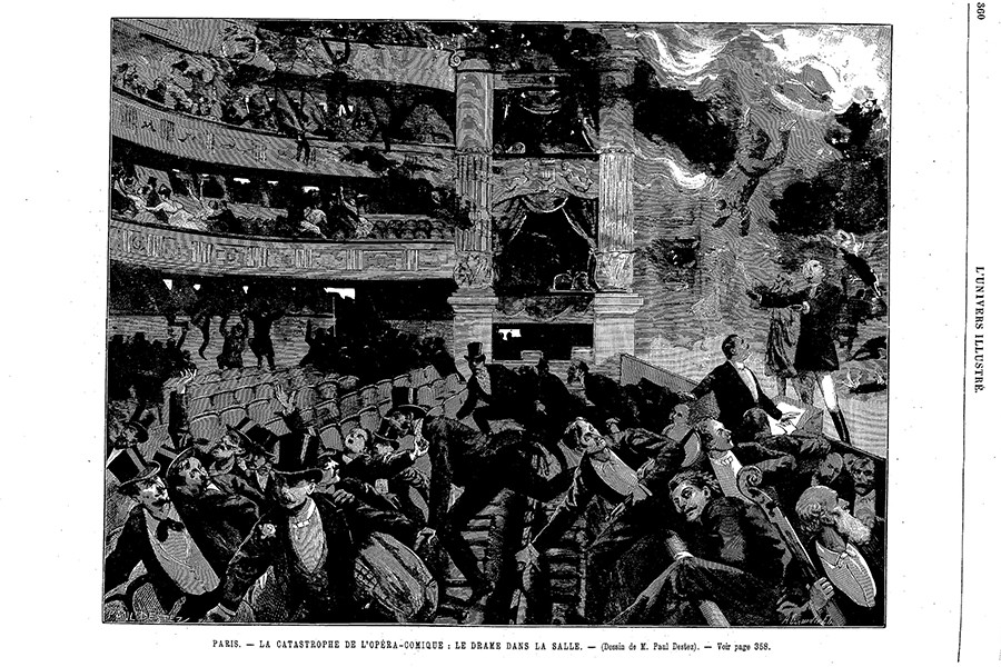 	<p>La panique dans la salle Favart lorsque l’incendie se déclenche, vers 21 heures. L’Univers illustré, 4 juin 1887 © Gallica</p>
 