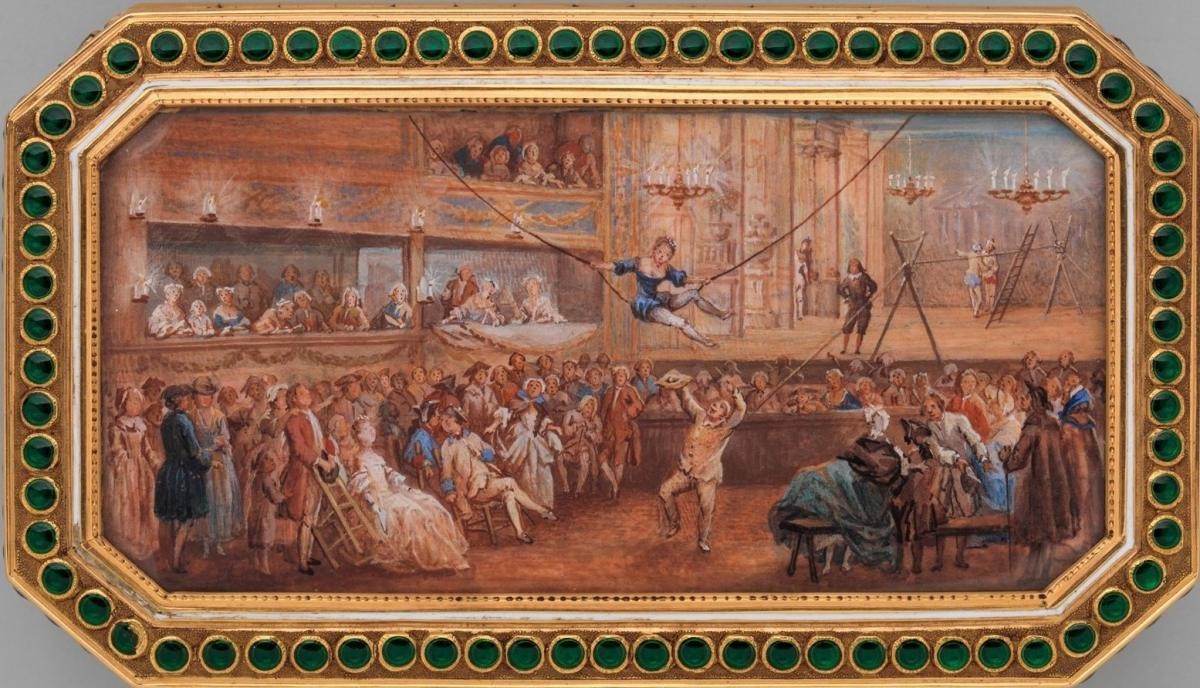 	<p>Spectacle de foire, détail d’une boîte à tabac par Joseph Etienne Blerzy, 1778. Metropolitan Museum, J. Pierpont Morgan Fund © MetMuseum</p>
 