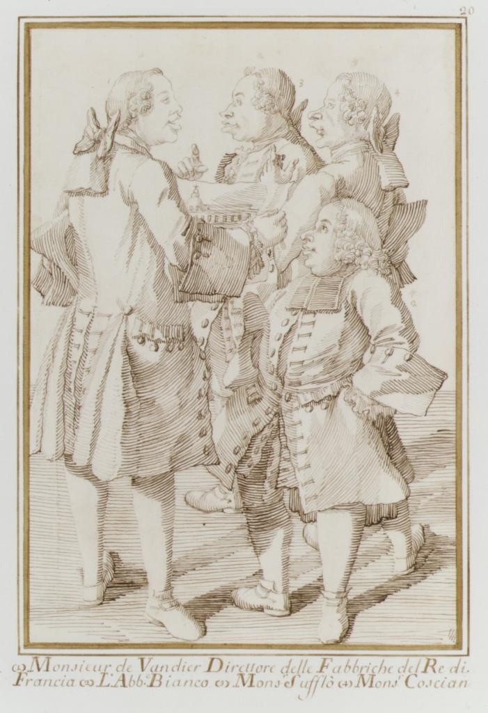 	<p>Caricature de quatre personnalités parisiennes (Vandières, Le Blanc, Soufflot et Cochin le Jeune), par Pier Leone Ghezzi, vers 1750, The Metropolitan Museum New York, Rogers Fund © Metmuseum</p>
 