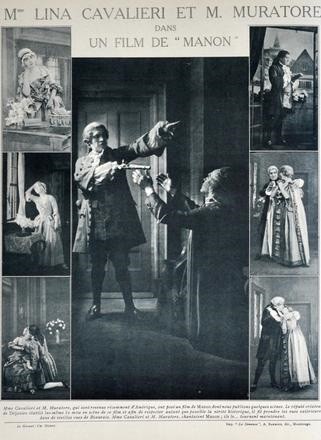 	<p>Mme Lina Cavalieri et M. Muratore dans un film de <em>Manon</em>, photographiées publiées dans la revue <em>Musica</em> n°142, juillet 1914, p. 144 © Bibliothèque des Arts Décoratifs</p>
 