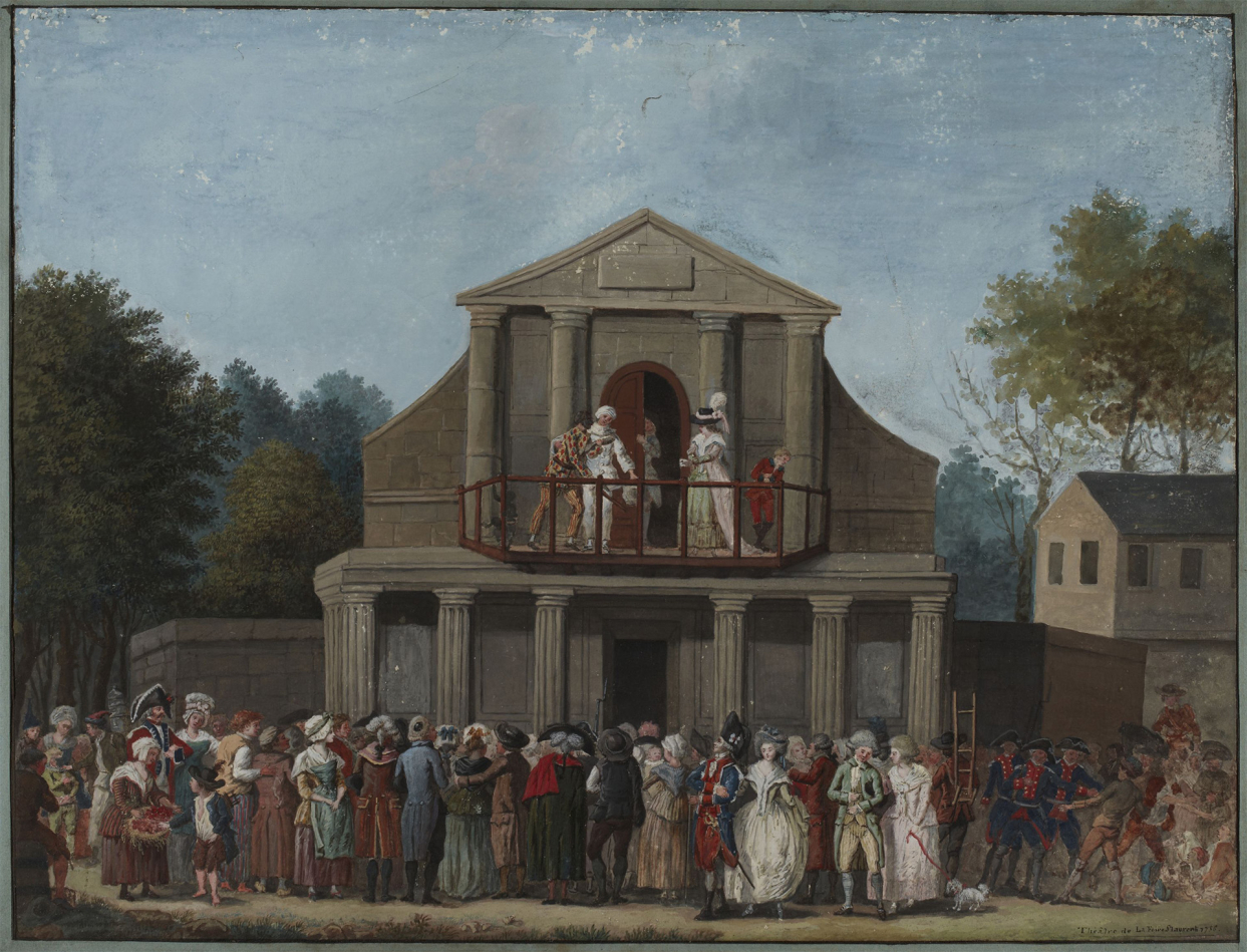 	<p>Théâtre de la foire Saint-Laurent, dessin anonyme, 1786 © Paris Musées</p>
 