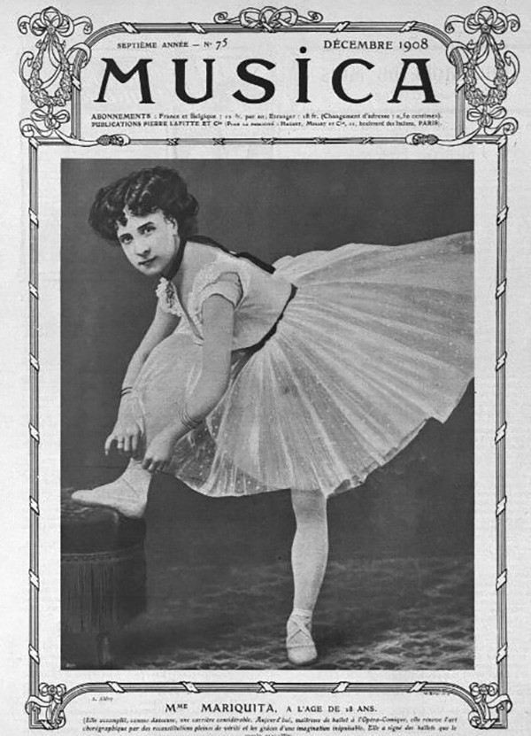 	<p>« La jeune danseuse Mariquita, âgée de 28 ans » dans Revue Musica, Décembre 1908, n°75 © Bibliothèque des arts décoratifs</p>
 