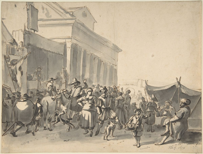 	<p>Théâtre de rue en Italie par Hendrick Verschuring, vers 1690. Frits and Rita Markus Fund © MetMuseum </p>
 
