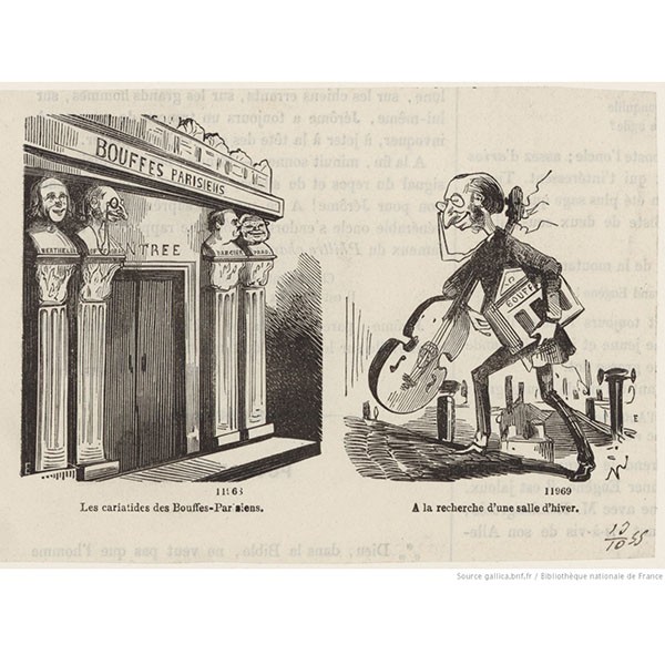 	<p>Jacques Offenbach et la création de la « salle d’hiver » des Bouffes Parisiens dans le passage Choiseul, en 1855. On reconnaît, sur la devanture du théâtre, Jean-François Philibert Berthelier, Joseph Darcier et Étienne Pradeau, acteurs de la troupe des Bouffes Parisiens, aux côtés d’Offenbach © BnF</p>
 