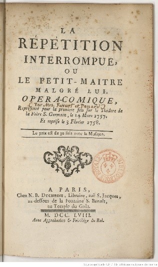 	<p>Frontispice de La Répétition interrompue (1757), de Justine et Charles-Simon Favart © BnF</p>
 