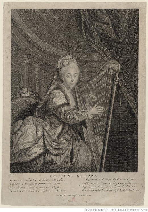 	<p>Justine Favart et sa harpe dans Les trois sultanes, par Pierre-Louis Legendre, 1761 © BnF</p>
 