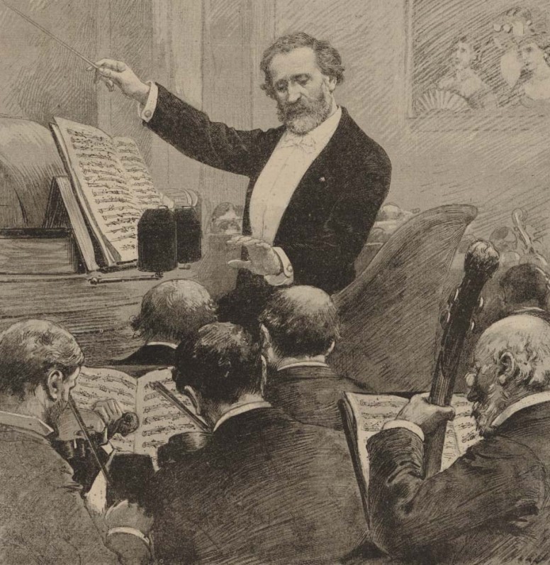	<p>Verdi conduisant l'orchestre de l'Opéra à la première représentation d'Aïda, par Adrien Marie, 1880. BnF</p>
 