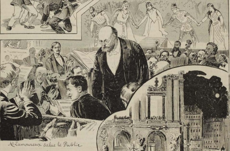 	<p>Charles Lamoureux salue le public de l’Opéra à l’issue de la première de Lohengrin à Garnier, illustration de presse de Paul Destez, 1891. BnF</p>
 