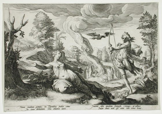 	<p><em>Apollon tuant Coronis</em> – deuxième partie du mythe de Coronis, non traitée par Durón. Hendrik Goltzius, 1590, Los Angeles County Museum of Art © LACMA</p>
 
