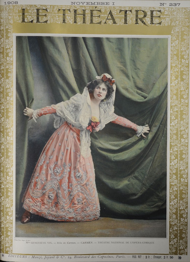 	<p>Geneviève Vix en Carmen, publié dans <em>Le Théâtre</em>, novembre 1908 © Bibliothèque du conservatoire de Genève</p>
 