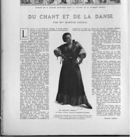 	<p>Marthe Chenal dansant la séguedille de Carmen, par Talbot, publié dans <em>Musica </em>n°123, décembre 1912 © Bibliothèque des Arts décoratifs</p>
 