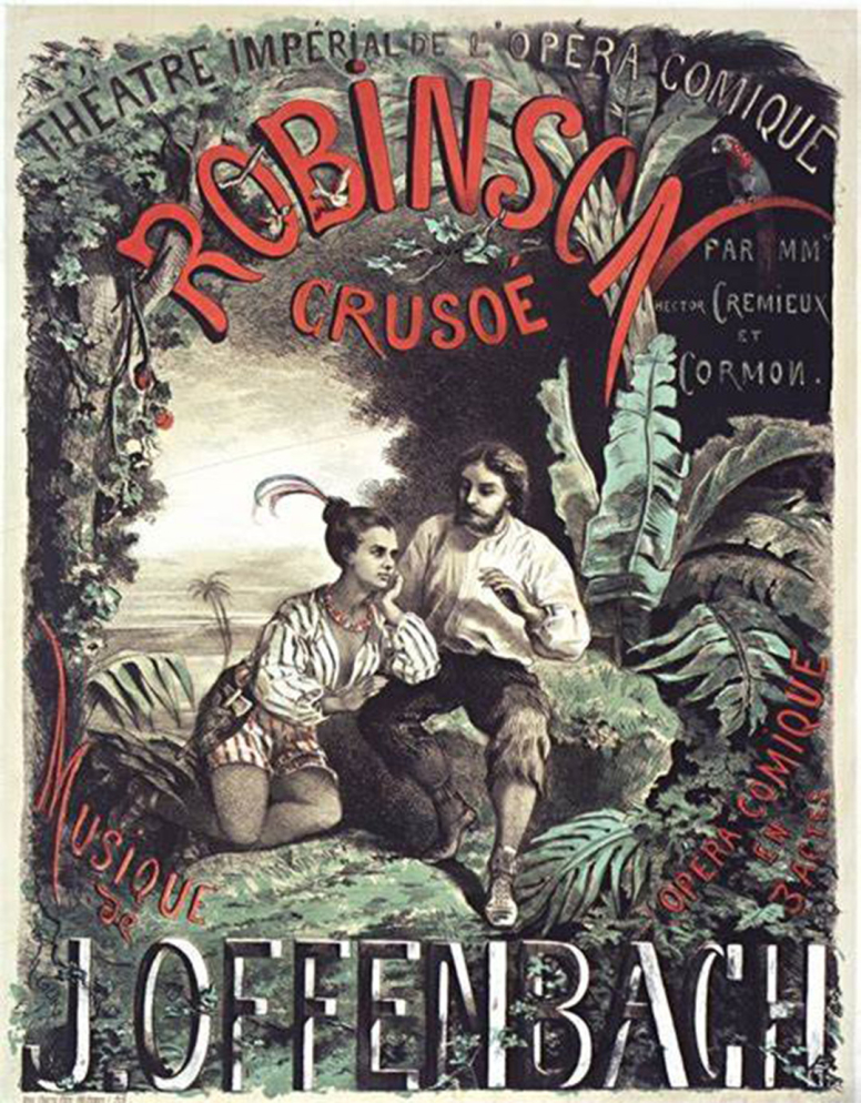 	<p>Affiche de la création de <em>Robinson Crusoé</em> d’Offenbach à l’Opéra-Comique le 23 novembre 1867, avec Célestine Galli-marié en Vendredi</p>
 